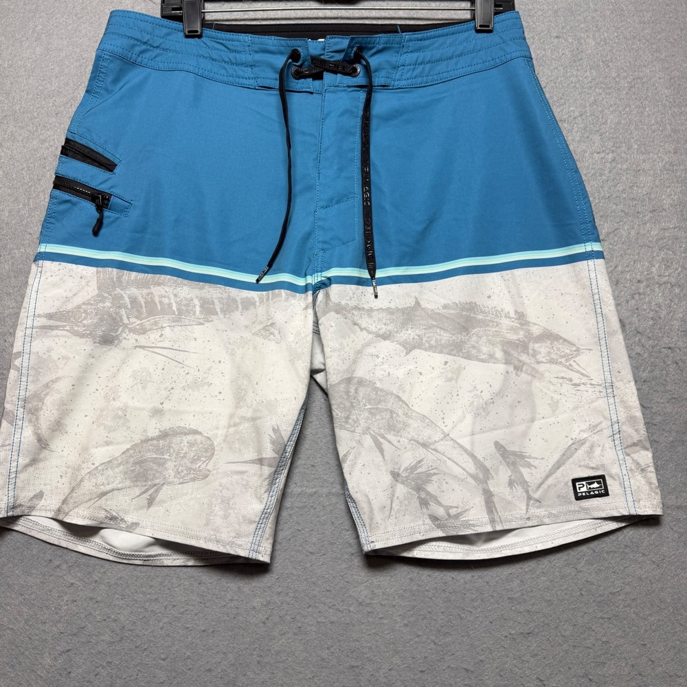 Pelagic Mens Blue Grey Fish Print Board Shorts Size 32x9 Fishing Swim Trunks